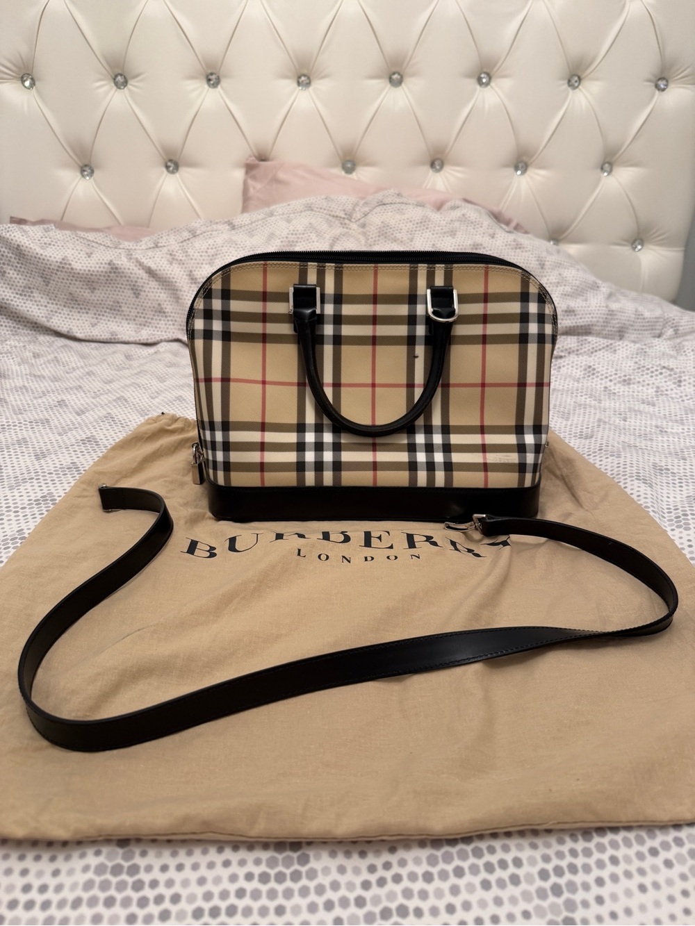 Vintage Burberry Beige Classic Check Dome Satchel Bag with Black Trim
